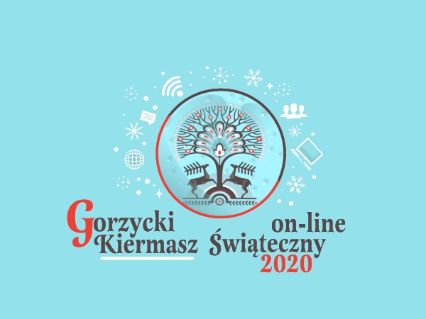 WSSwG  Grafika: na jasnoniebieskim tle w samym środku logo Kiermaszu, poniżej napis Gorzycki Kiermasz Świąteczny 2020 online.