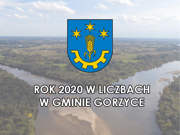 Grafika: herb gminy Gorzyce i napis "rok 2020 w liczbach w gminie Gorzyce" na tle ujścia Sanu do Wisły.