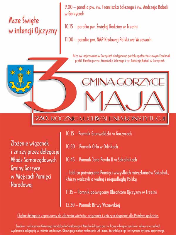 3 Maja Gmina Gorzyce. Obchody 230. rocznicy uchwalenia Konstytucji 3 Maja 