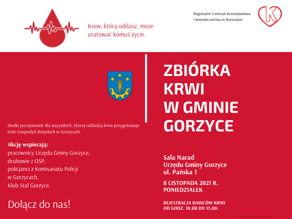 Zbiórka krwi w gminie Gorzyce, 8 listopada 2021 r. od godz. 10.00 do 13.00 