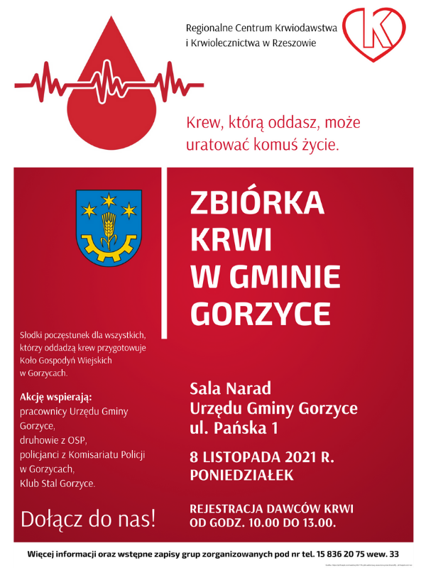 Zbiórka krwi w gminie Gorzyce, 8 listopada 2021 r. od godz. 10.00 do 13.00. Sala narad Urzędu Gminy Gorzyce